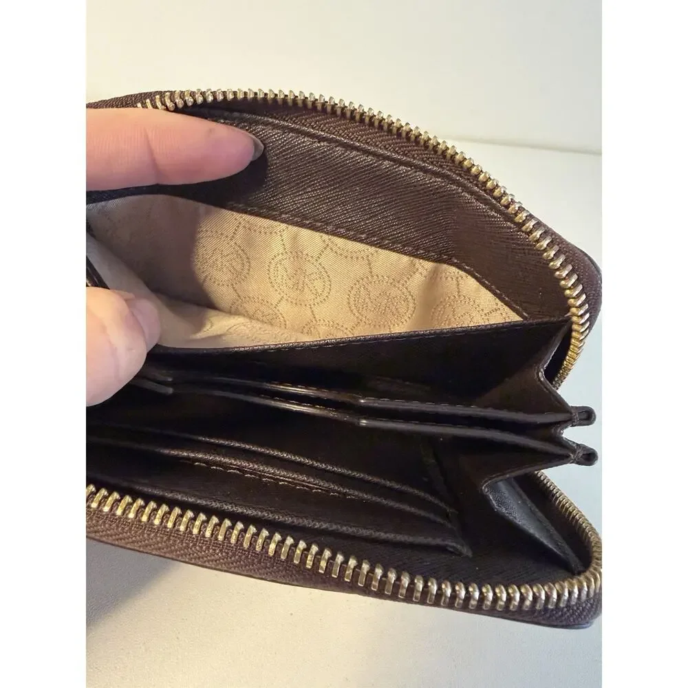 Michael Kors Saffiano Leather Studded Zip Around Wristlet Wallet Brown Gold